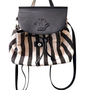 Nanette Lepore Striped Mini Backpack Canvas Faux Leather Drawstring Neutral